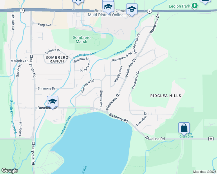 map of restaurants, bars, coffee shops, grocery stores, and more near 1030 Ravenwood Road in Boulder
