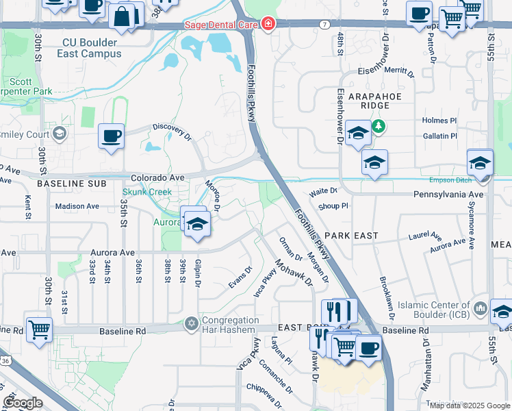 map of restaurants, bars, coffee shops, grocery stores, and more near 4289 Monroe Drive in Boulder