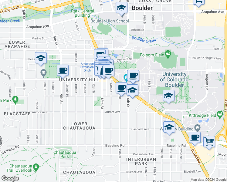 map of restaurants, bars, coffee shops, grocery stores, and more near in Boulder