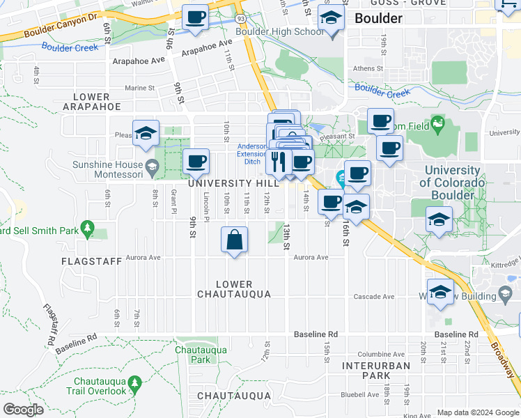 map of restaurants, bars, coffee shops, grocery stores, and more near 1053 12th Street in Boulder