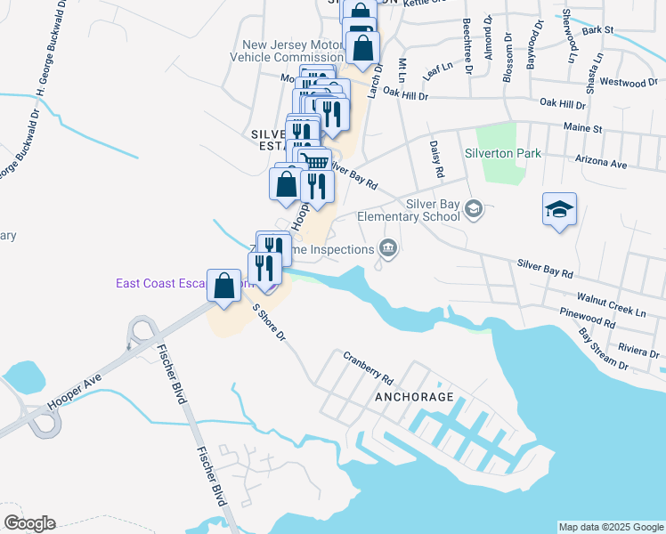map of restaurants, bars, coffee shops, grocery stores, and more near 202 Clipper Court in Toms River