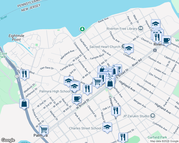 map of restaurants, bars, coffee shops, grocery stores, and more near 316 Leconey Avenue in Palmyra