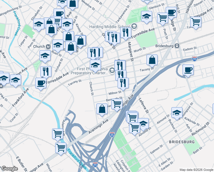 map of restaurants, bars, coffee shops, grocery stores, and more near 2320 Duncan Street in Philadelphia