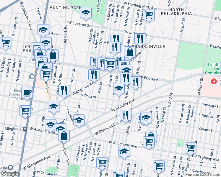 map of restaurants, bars, coffee shops, grocery stores, and more near 3604 North 7th Street in Philadelphia