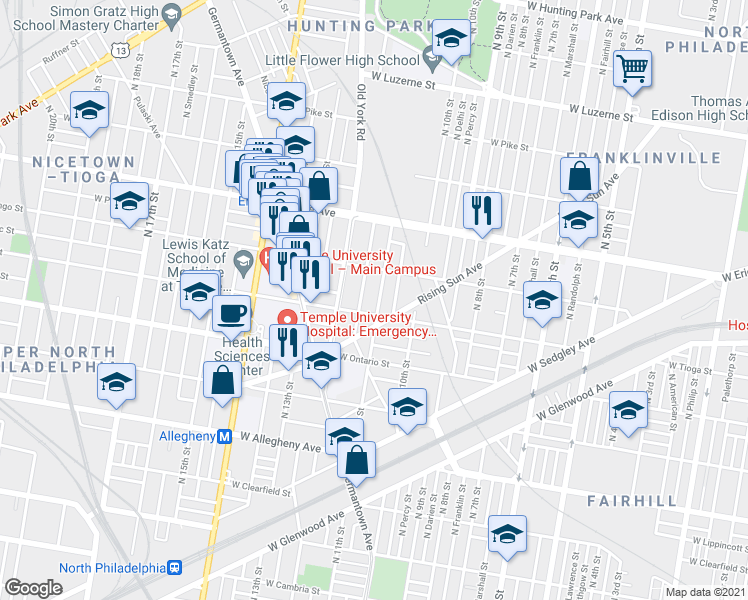 map of restaurants, bars, coffee shops, grocery stores, and more near 3541 North Marvine Street in Philadelphia