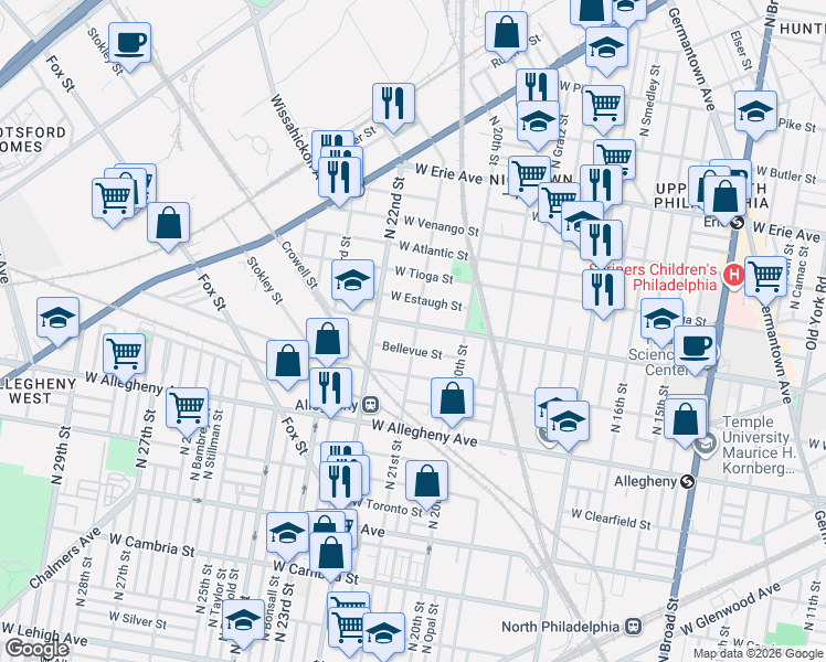 map of restaurants, bars, coffee shops, grocery stores, and more near 2053 West Ontario Street in Philadelphia