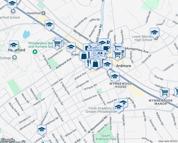 map of restaurants, bars, coffee shops, grocery stores, and more near 25 South Cricket Terrace in Ardmore