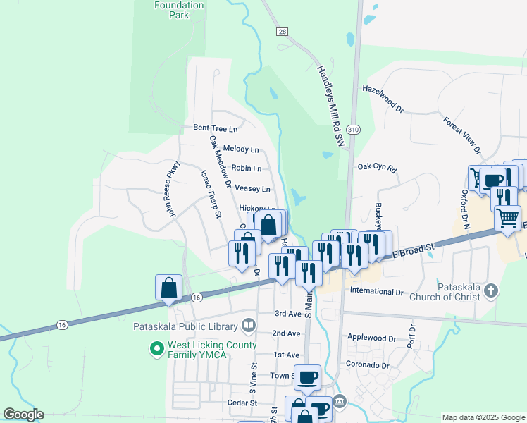 map of restaurants, bars, coffee shops, grocery stores, and more near 181 Pat Haven Drive in Pataskala