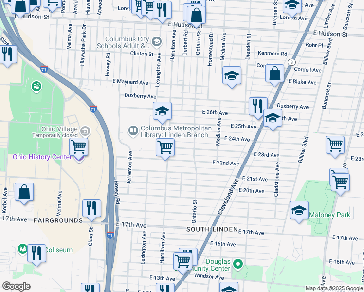 map of restaurants, bars, coffee shops, grocery stores, and more near 1129 East 24th Avenue in Columbus