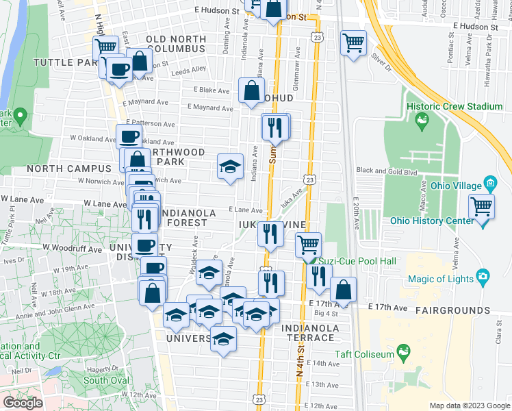 map of restaurants, bars, coffee shops, grocery stores, and more near 2111 Summit Street in Columbus