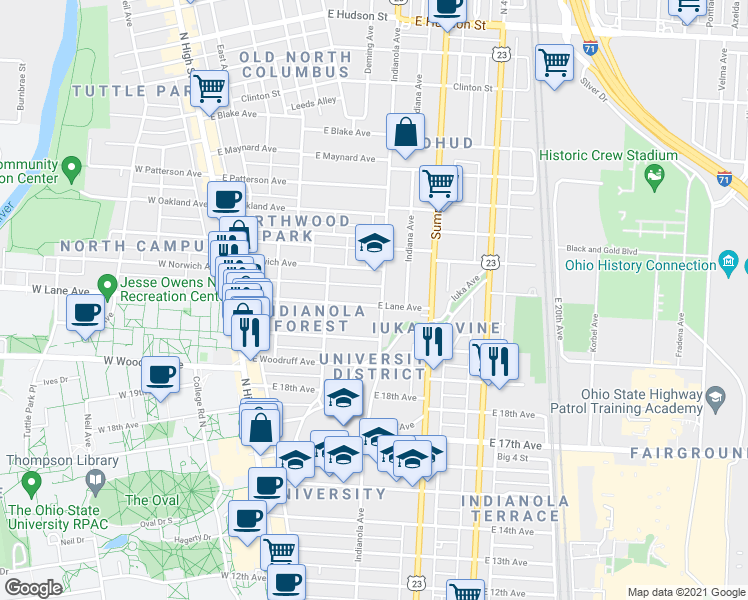 map of restaurants, bars, coffee shops, grocery stores, and more near 2132 Indianola Avenue in Columbus