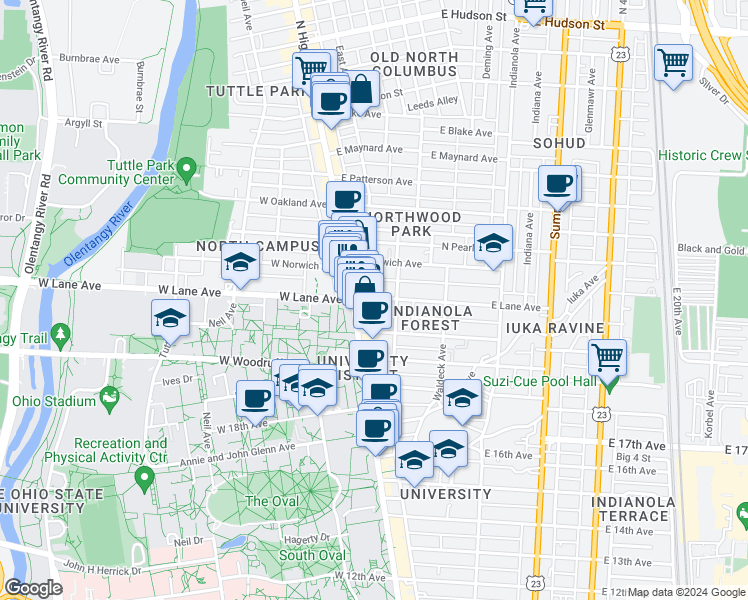map of restaurants, bars, coffee shops, grocery stores, and more near 30 East Lane Avenue in Columbus