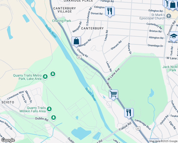 map of restaurants, bars, coffee shops, grocery stores, and more near 2599 Riverside Drive in Columbus