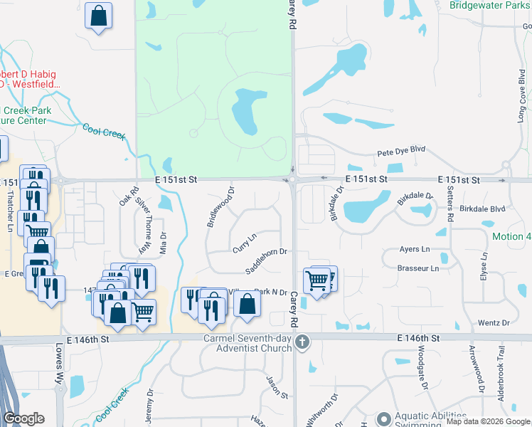 map of restaurants, bars, coffee shops, grocery stores, and more near 15006 Horseshoe Drive in Carmel