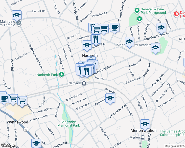 map of restaurants, bars, coffee shops, grocery stores, and more near in Narberth