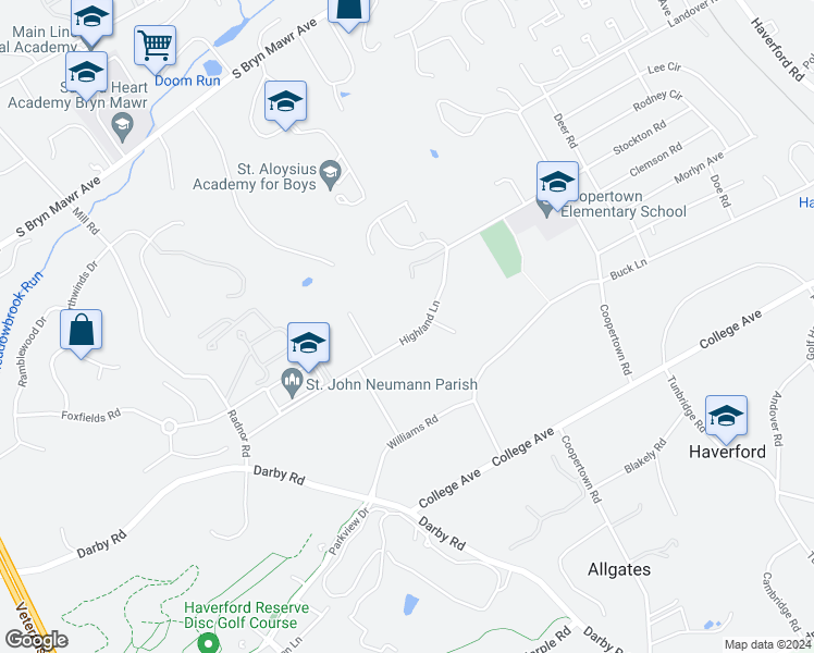 map of restaurants, bars, coffee shops, grocery stores, and more near 300 Highland Lane in Bryn Mawr