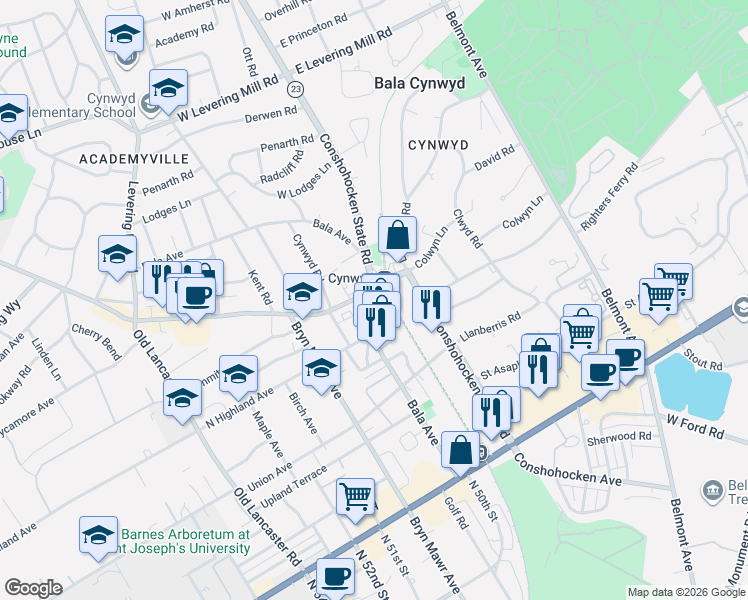 map of restaurants, bars, coffee shops, grocery stores, and more near in Bala Cynwyd