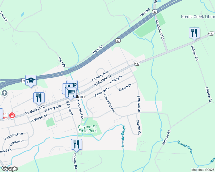 map of restaurants, bars, coffee shops, grocery stores, and more near 245 East Beaver Street in Hallam