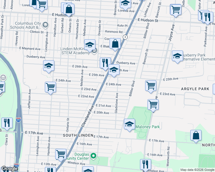 map of restaurants, bars, coffee shops, grocery stores, and more near 1966 Cleveland Avenue in Columbus