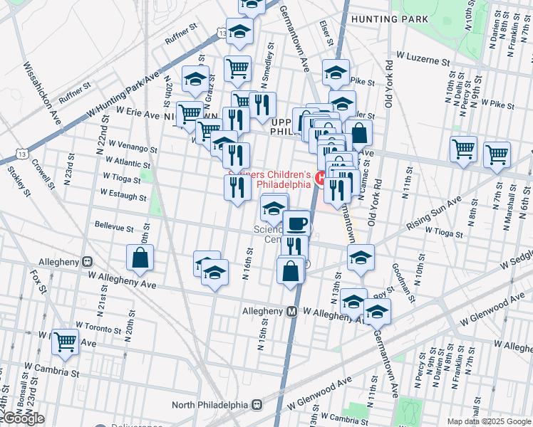 map of restaurants, bars, coffee shops, grocery stores, and more near 3436 North Sydenham Street in Philadelphia