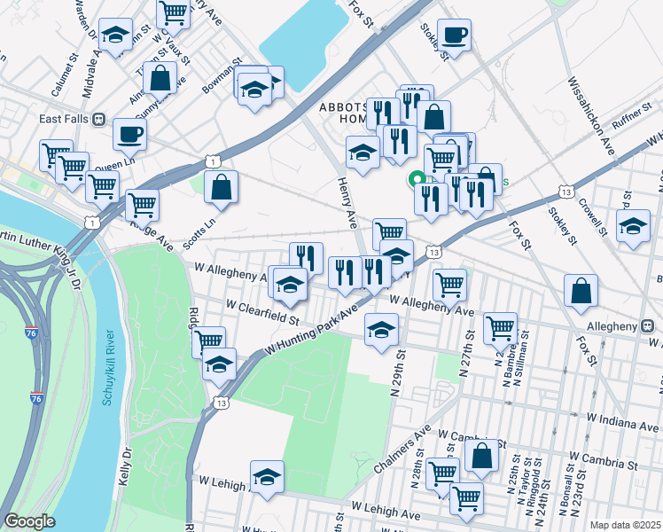 map of restaurants, bars, coffee shops, grocery stores, and more near 2801-15 Henry Avenue in Philadelphia