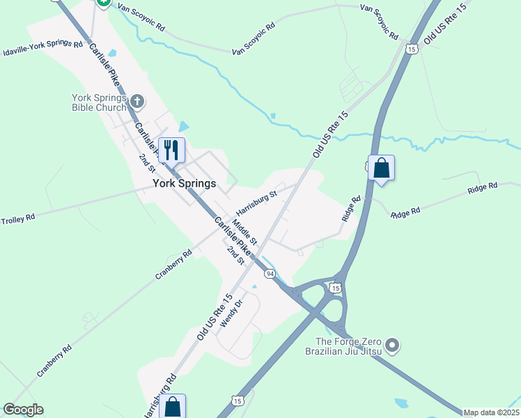 map of restaurants, bars, coffee shops, grocery stores, and more near 134 Harrisburg Street in York Springs