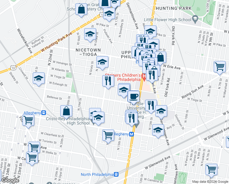 map of restaurants, bars, coffee shops, grocery stores, and more near 3438 North 16th Street in Philadelphia