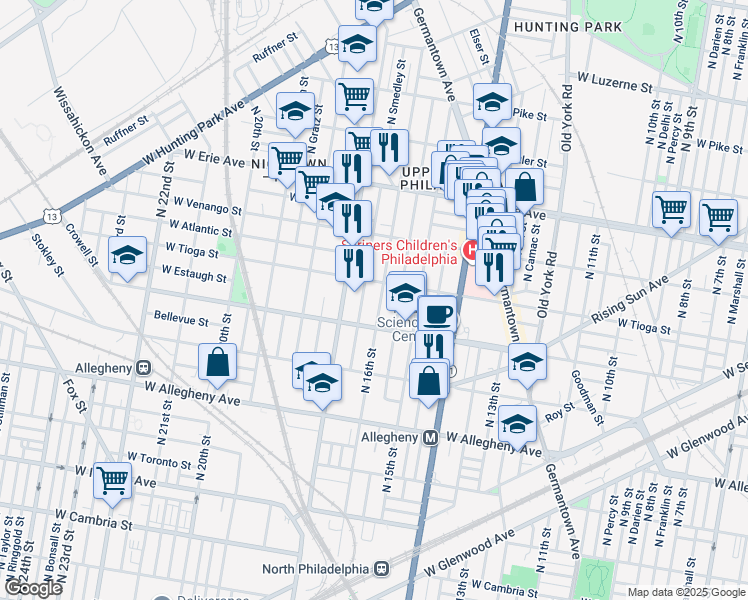 map of restaurants, bars, coffee shops, grocery stores, and more near 3438 North 16th Street in Philadelphia