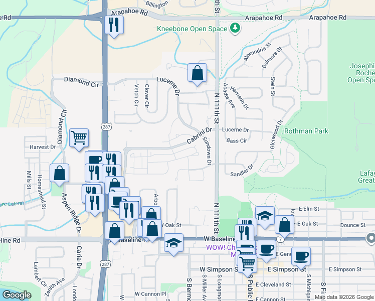 map of restaurants, bars, coffee shops, grocery stores, and more near 650 Amelia Lane in Lafayette