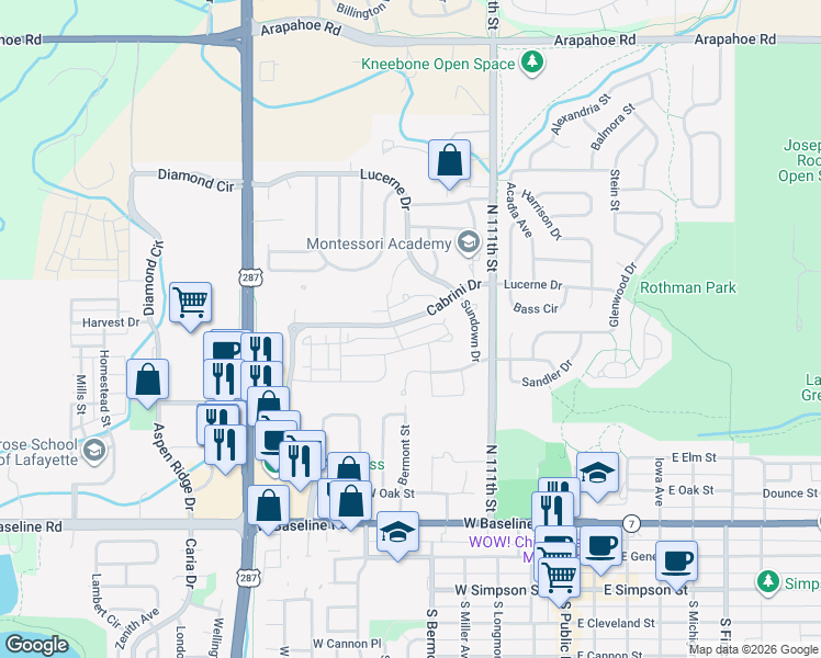 map of restaurants, bars, coffee shops, grocery stores, and more near 667 Amelia Lane in Lafayette