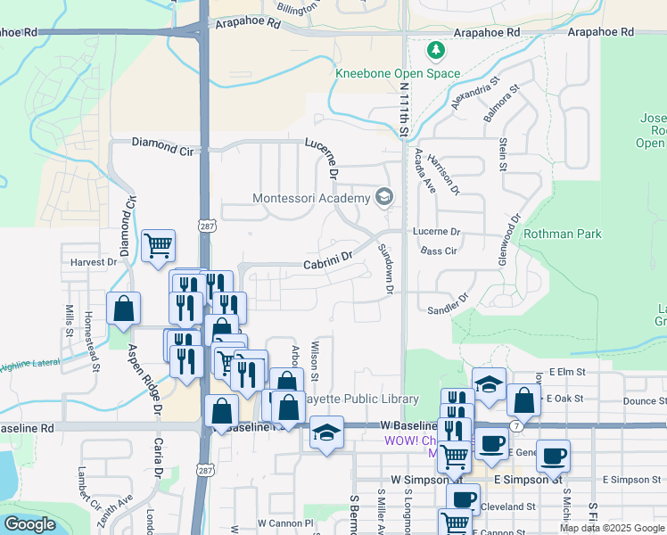 map of restaurants, bars, coffee shops, grocery stores, and more near 675 Amelia Lane in Lafayette