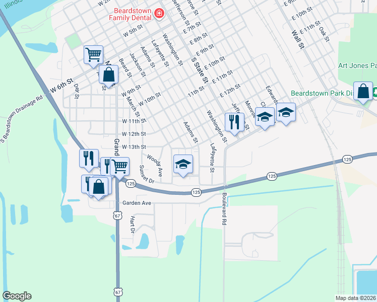 map of restaurants, bars, coffee shops, grocery stores, and more near 1401 Jackson Street in Beardstown