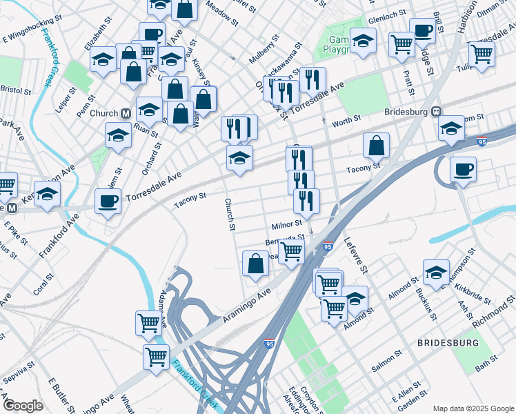 map of restaurants, bars, coffee shops, grocery stores, and more near 2330 Duncan Street in Philadelphia
