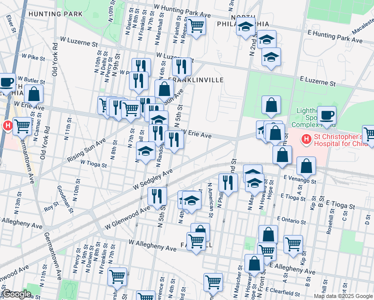 map of restaurants, bars, coffee shops, grocery stores, and more near 3615 North Lawrence Street in Philadelphia
