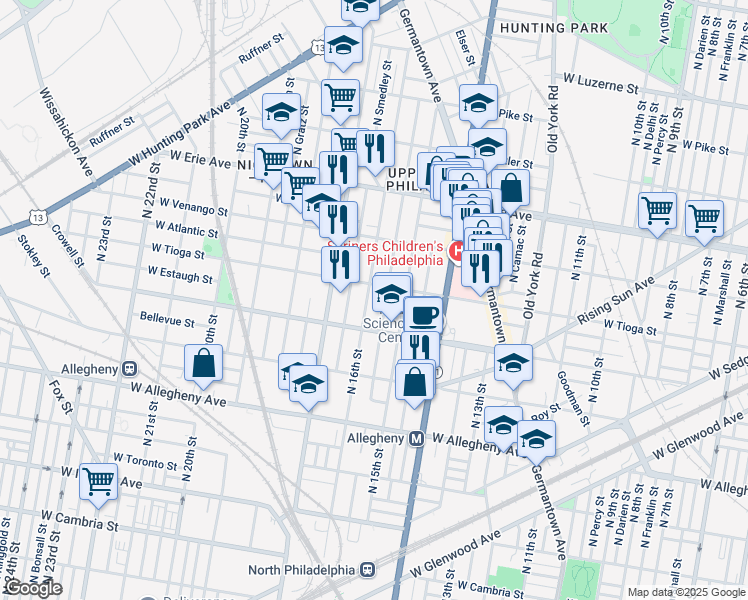 map of restaurants, bars, coffee shops, grocery stores, and more near 3435 North 16th Street in Philadelphia