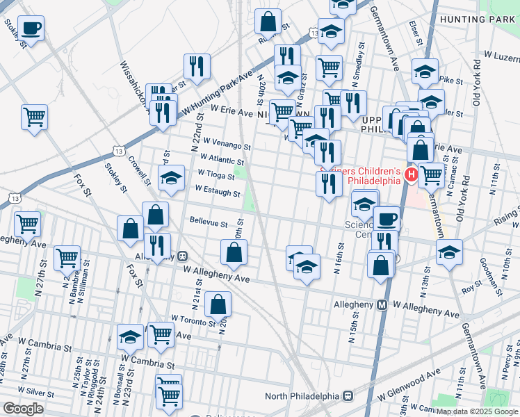 map of restaurants, bars, coffee shops, grocery stores, and more near 3404 N 19th St in Philadelphia