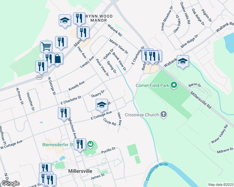 map of restaurants, bars, coffee shops, grocery stores, and more near 177 New St in Millersville