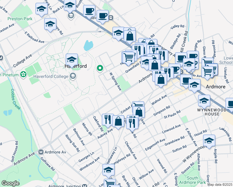 map of restaurants, bars, coffee shops, grocery stores, and more near 210 Ardmore Avenue in Ardmore