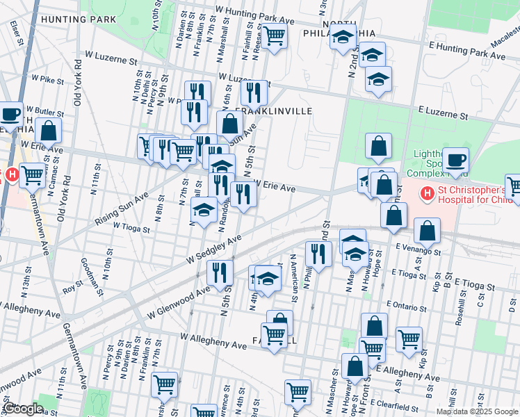 map of restaurants, bars, coffee shops, grocery stores, and more near 3615 North Lawrence Street in Philadelphia