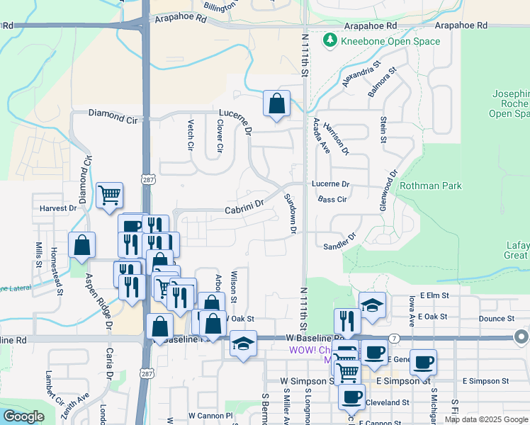 map of restaurants, bars, coffee shops, grocery stores, and more near 646 Amelia Lane in Lafayette