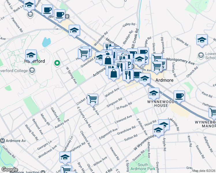 map of restaurants, bars, coffee shops, grocery stores, and more near 112 Cricket Avenue in Ardmore