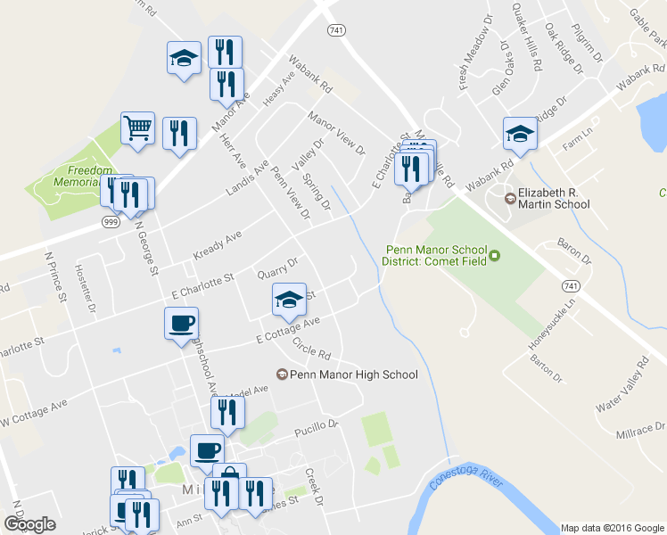 map of restaurants, bars, coffee shops, grocery stores, and more near 177 New St in Millersville