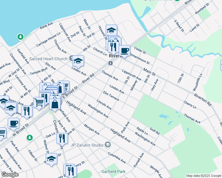 map of restaurants, bars, coffee shops, grocery stores, and more near 620 Linden Avenue in Riverton