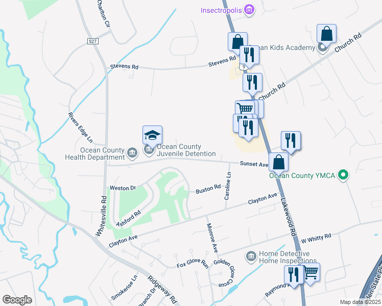map of restaurants, bars, coffee shops, grocery stores, and more near 91 Sunset Avenue in Toms River