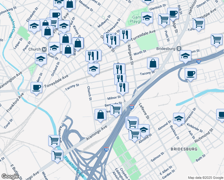 map of restaurants, bars, coffee shops, grocery stores, and more near 4534 East Stiles Street in Philadelphia