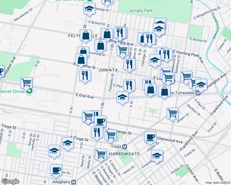 map of restaurants, bars, coffee shops, grocery stores, and more near 3842 Elsinore Street in Philadelphia