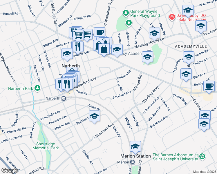 map of restaurants, bars, coffee shops, grocery stores, and more near 219 Avon Road in Narberth