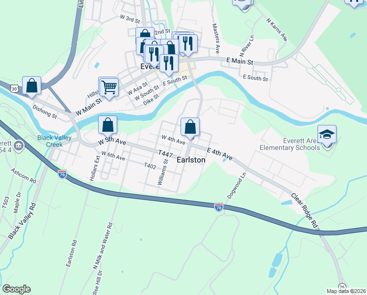 map of restaurants, bars, coffee shops, grocery stores, and more near in Bedford County
