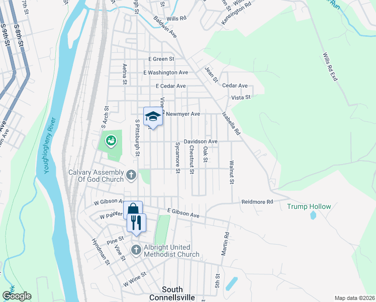 map of restaurants, bars, coffee shops, grocery stores, and more near 1203 Chestnut Street in Connellsville