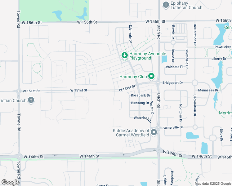 map of restaurants, bars, coffee shops, grocery stores, and more near 15108 Larchwood Drive in Westfield